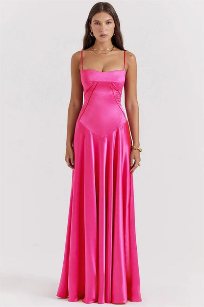 Vestido largo de satén liso con cordones en fucsia 