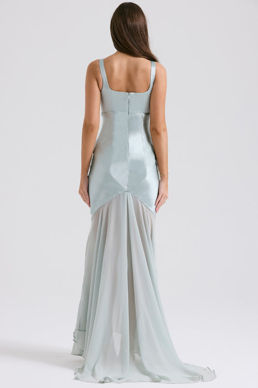 Vestido largo sin mangas de malla de satén sólido 