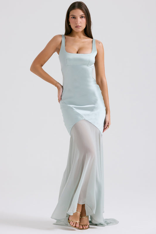 Vestido largo sin mangas de malla de satén sólido 