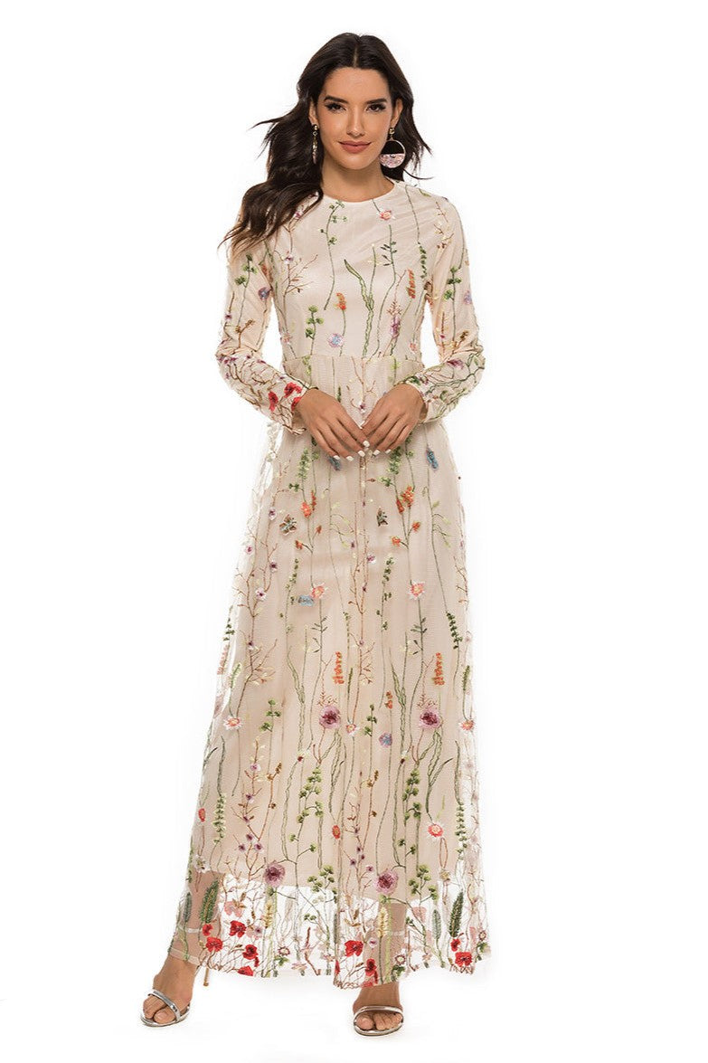 Vestido largo de manga larga con cuello redondo bordado 