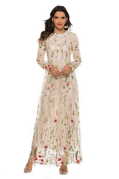 Vestido largo de manga larga con cuello redondo bordado 