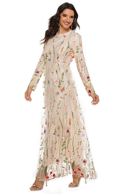 Vestido largo de manga larga con cuello redondo bordado 