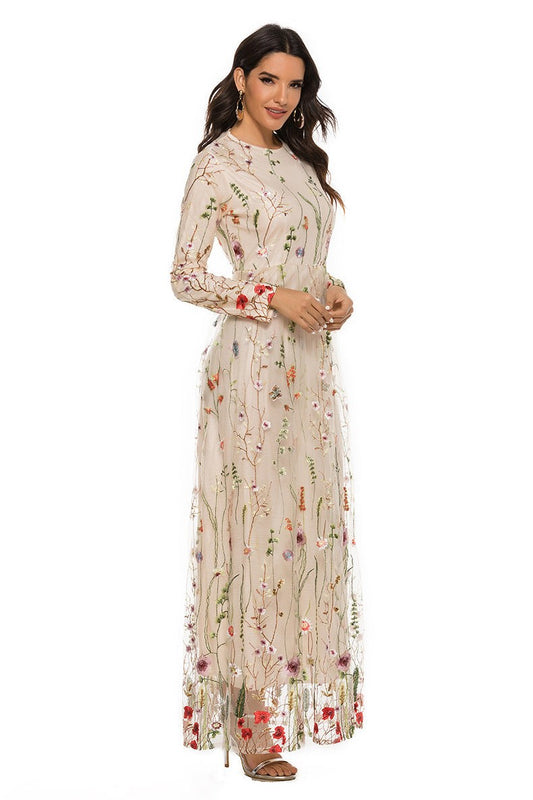 Vestido largo de manga larga con cuello redondo bordado 