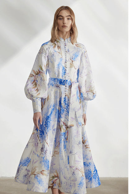 Floral Button Lantern Sleeve Midi Dress
