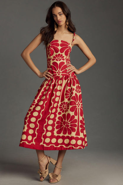 Vestido midi sin mangas con volantes y estampado abstracto de lunares 