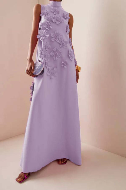 Vestido largo morado sin mangas con cuello alto y estampado floral 3D 