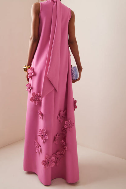 Vestido largo sin mangas con cuello alto y estampado floral 3D 