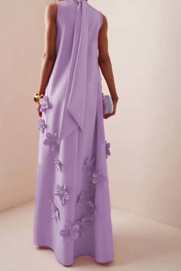Vestido largo morado sin mangas con cuello alto y estampado floral 3D 