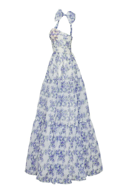 Floral Sweetheart Neck Frill Maxi Dress