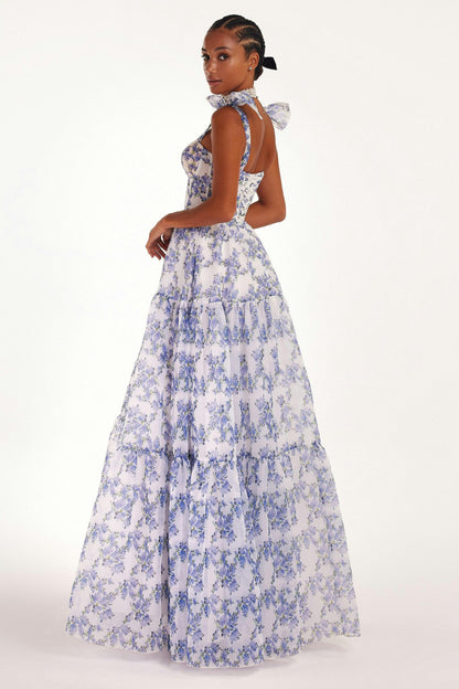 Floral Sweetheart Neck Frill Maxi Dress