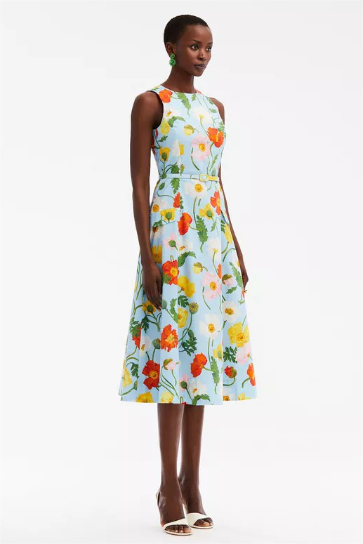 Vestido midi floral sin mangas con escote redondo 
