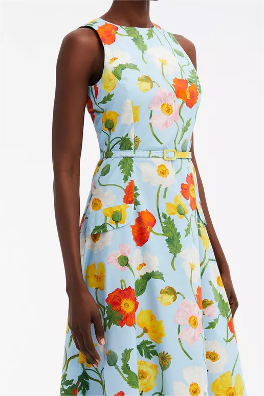 Vestido midi floral sin mangas con escote redondo 