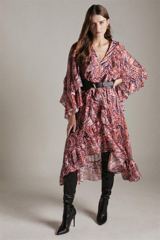 Vestido midi con cuello en V y volantes con estampado abstracto 