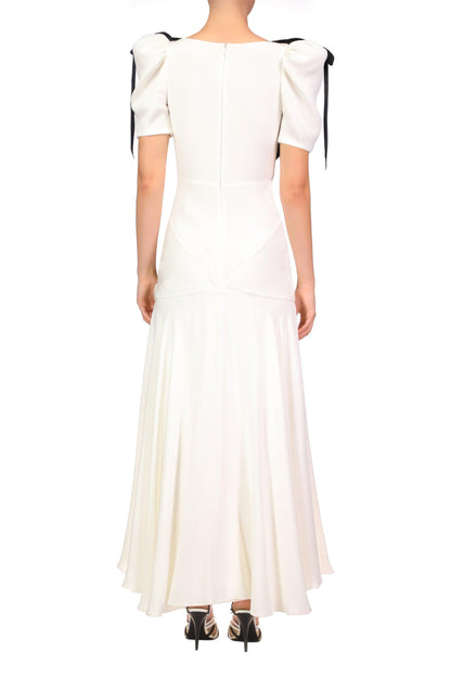 Contrast Color Bow Puff Sleeve Midi Dress
