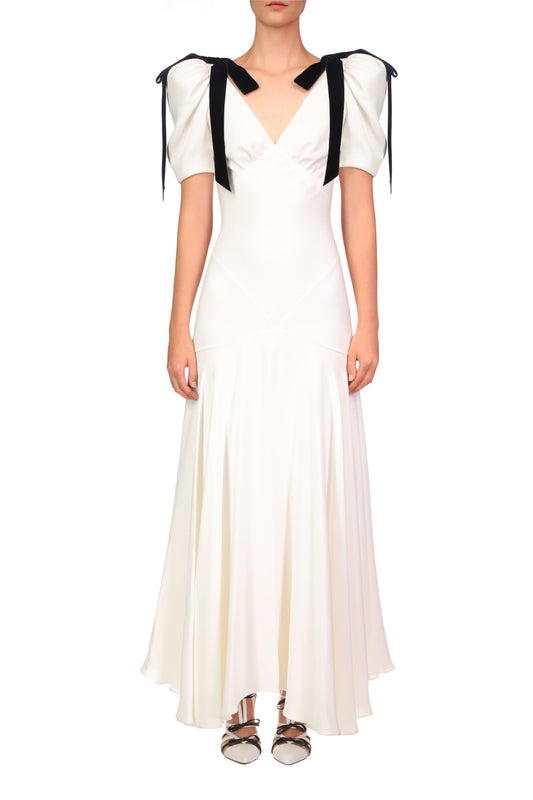 Contrast Color Bow Puff Sleeve Midi Dress