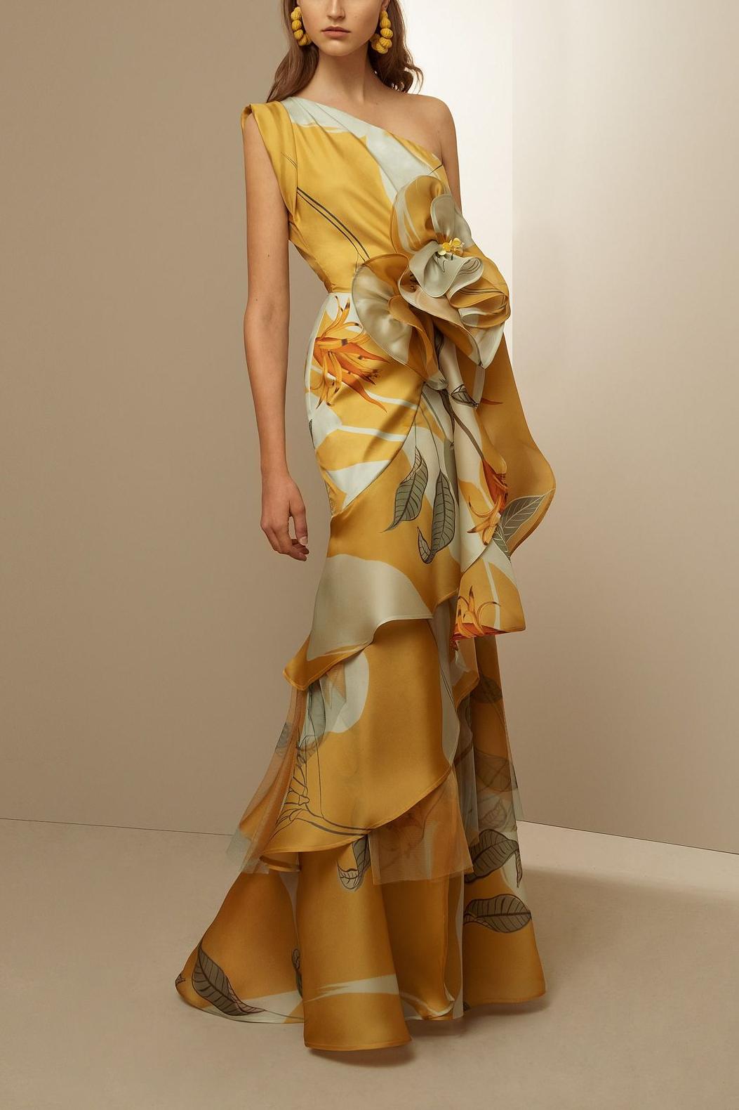 Vestido largo con volantes de un solo hombro y estampado floral 3D 