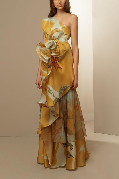 Vestido largo con volantes de un solo hombro y estampado floral 3D 