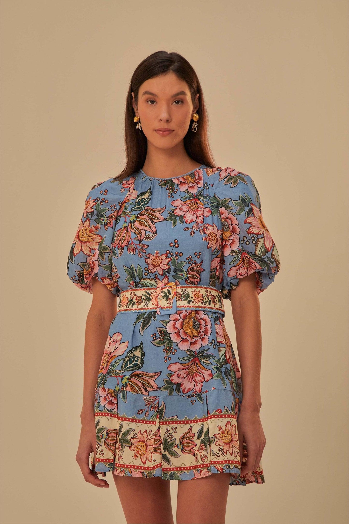 Floral Puff Sleeve Mini Dress With Belt