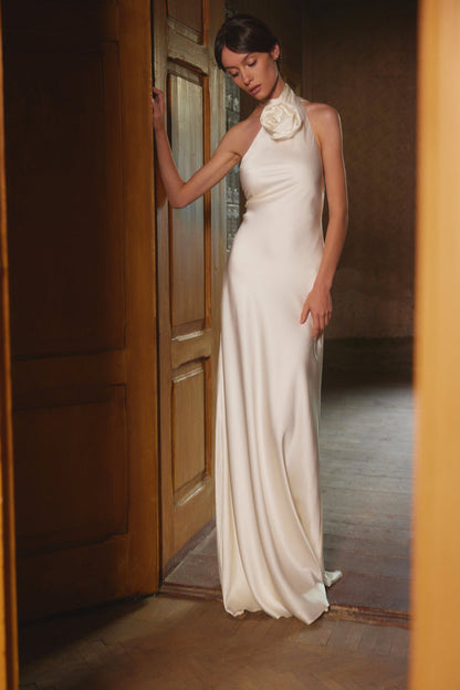 Vestido largo liso de satén con estampado floral 3D 
