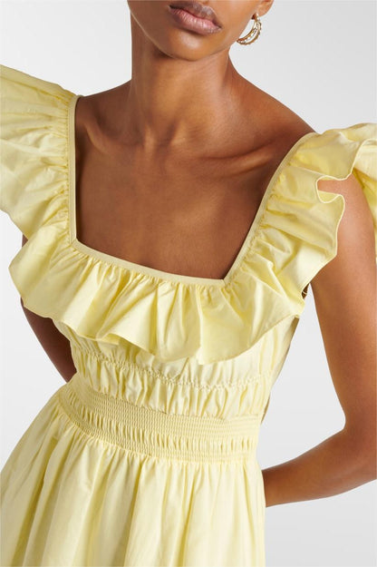 Vestido midi sin mangas con volantes y encaje bordado 