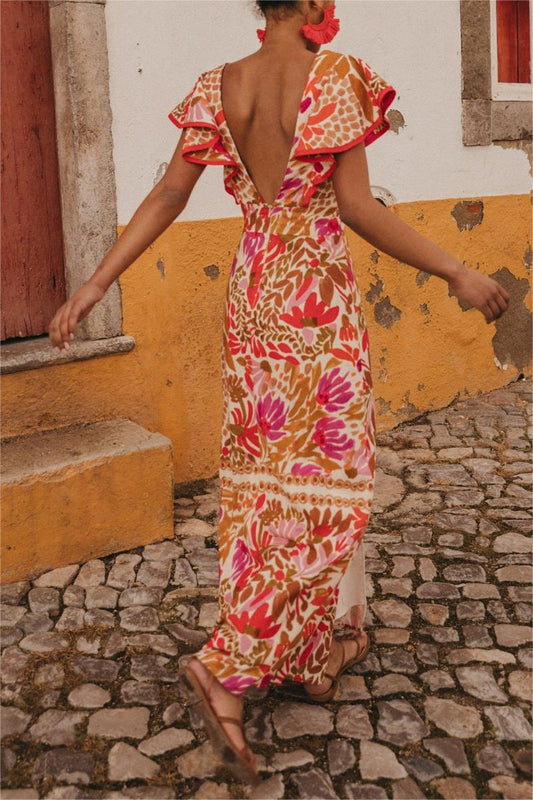 Vestido midi floral con escote en V y espalda descubierta 