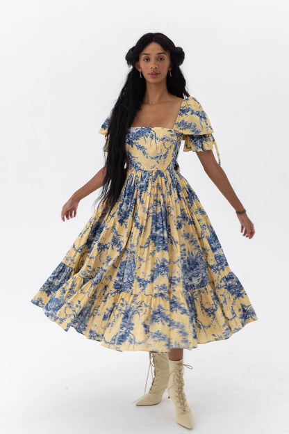 Vestido midi con cuello cuadrado y mangas abullonadas con flores 