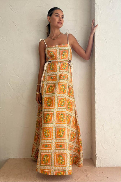 Vestido midi sin mangas con estampado de frutas 