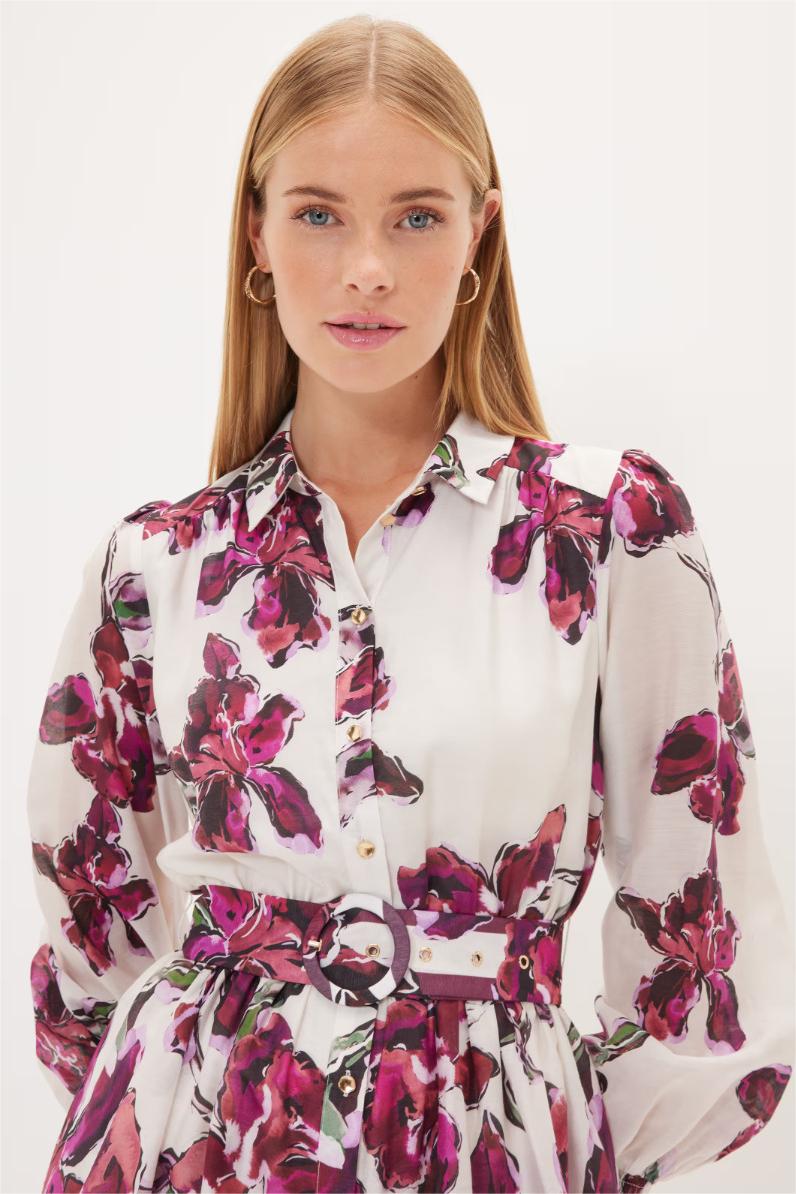 Minivestido floral de manga larga con cinturón 
