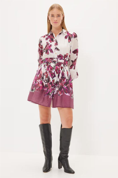 Minivestido floral de manga larga con cinturón 