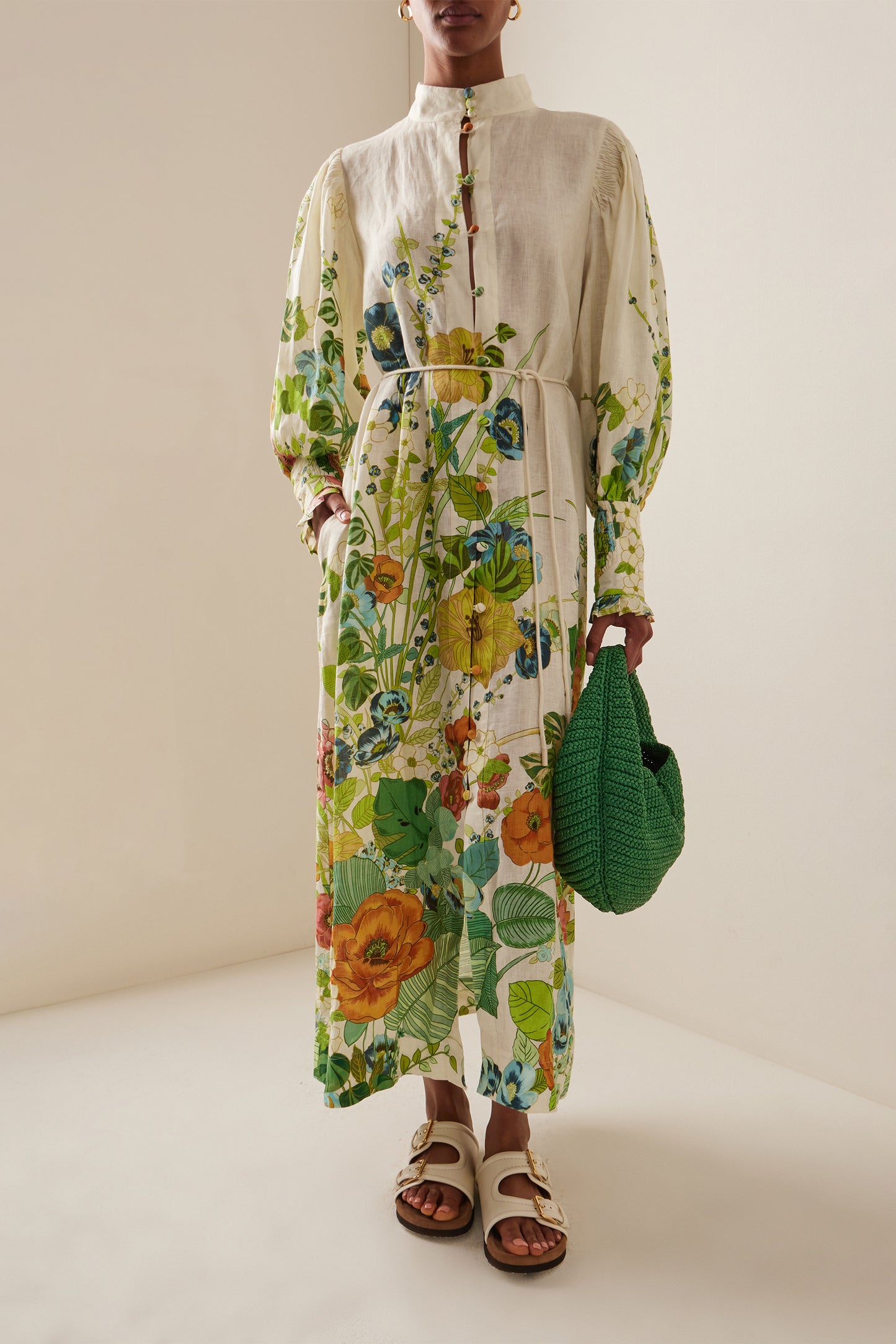 Vestido midi con mangas abullonadas y estampado floral 