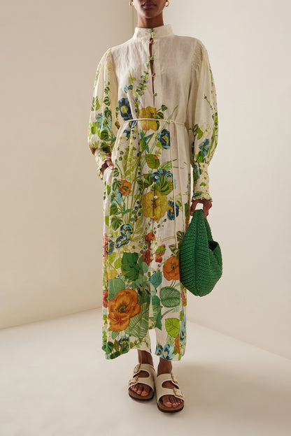 Vestido midi con mangas abullonadas y estampado floral 