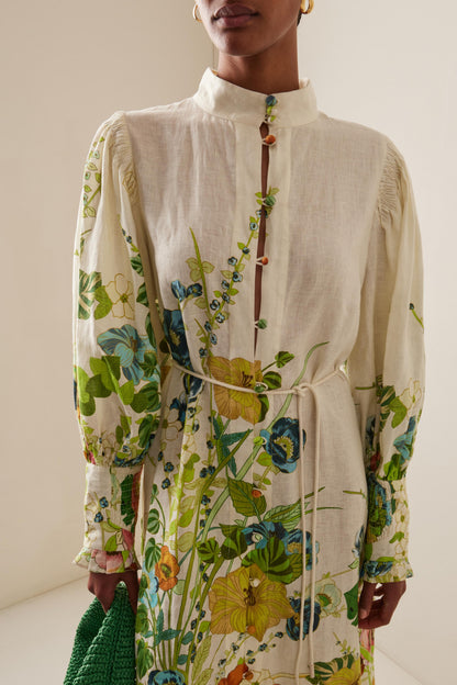 Vestido midi con mangas abullonadas y estampado floral 