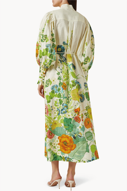 Vestido midi con mangas abullonadas y estampado floral 