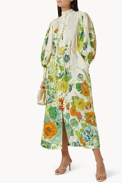 Vestido midi con mangas abullonadas y estampado floral 