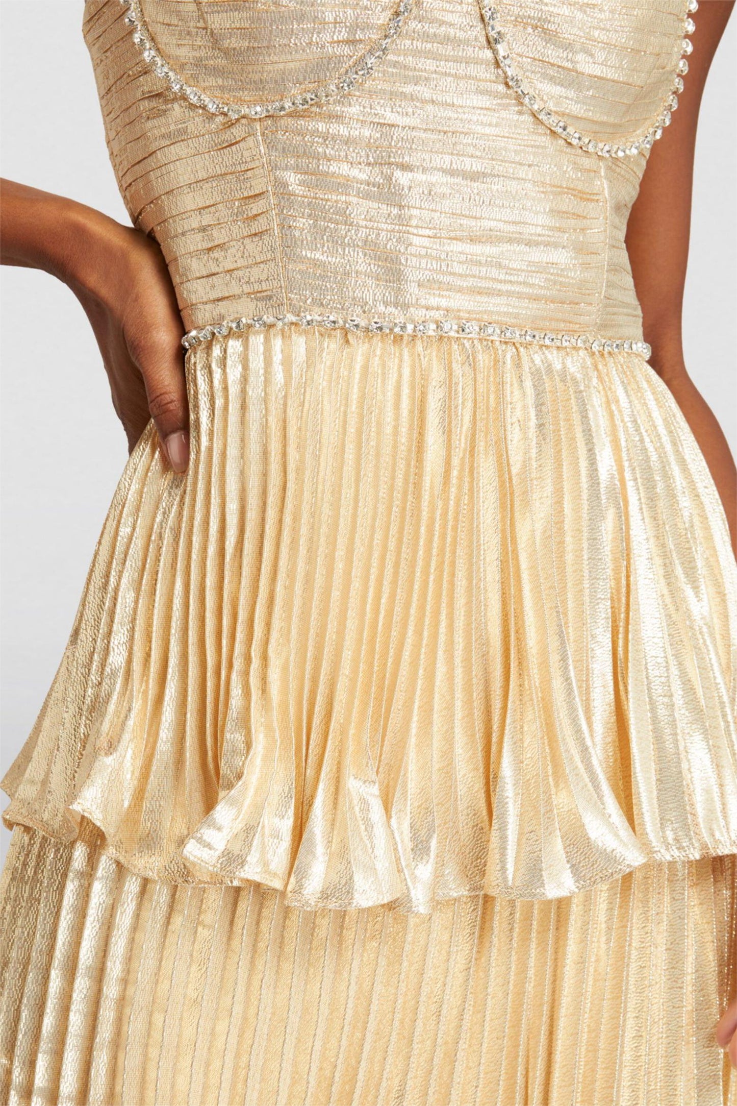 Vestido midi liso plisado sin mangas con diamantes de imitación 
