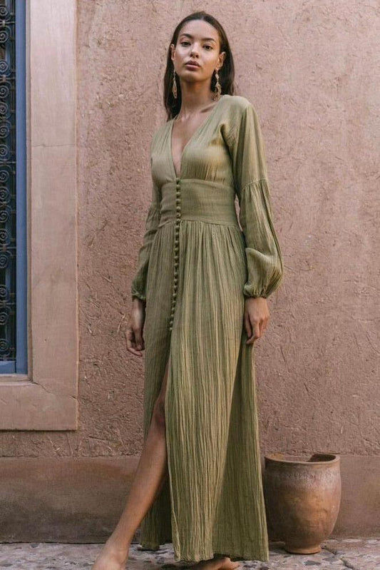 Vestido midi con cuello en V, mangas farol y botones, color verde 