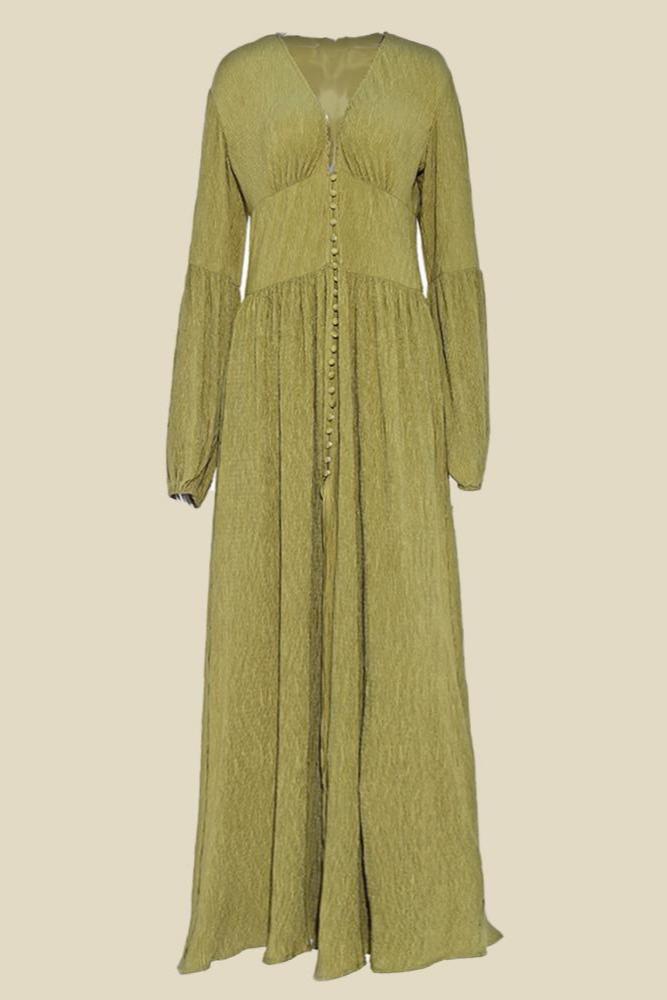 Vestido midi con cuello en V, mangas farol y botones, color verde 