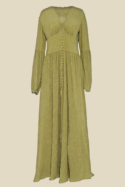 Vestido midi con cuello en V, mangas farol y botones, color verde 
