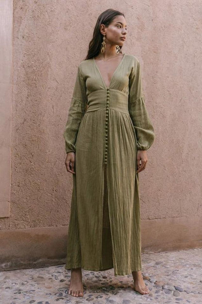 Vestido midi con cuello en V, mangas farol y botones, color verde 