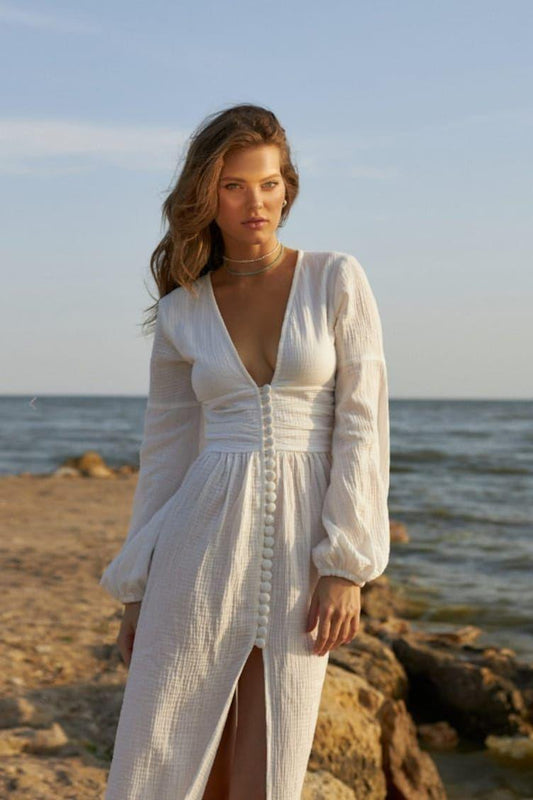 Vestido midi con botones, mangas farol y cuello en V 