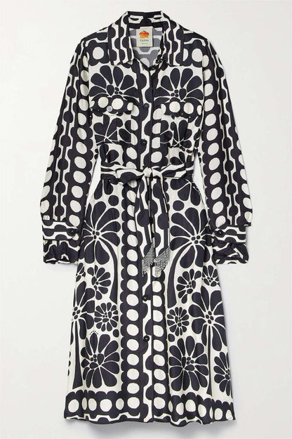 Vestido midi floral de botonadura sencilla con cinturón 