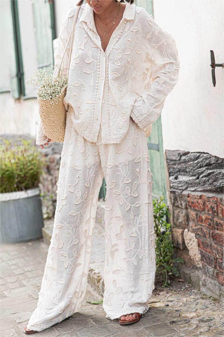 Conjunto de camisa de manga larga y pantalón bordado liso 