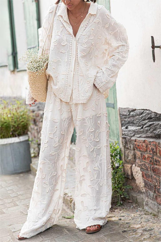 Conjunto de camisa de manga larga y pantalón bordado liso 