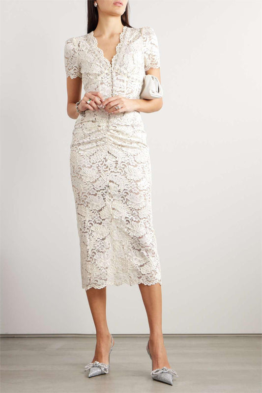 Vestido midi fruncido con encaje y diamantes de imitación 