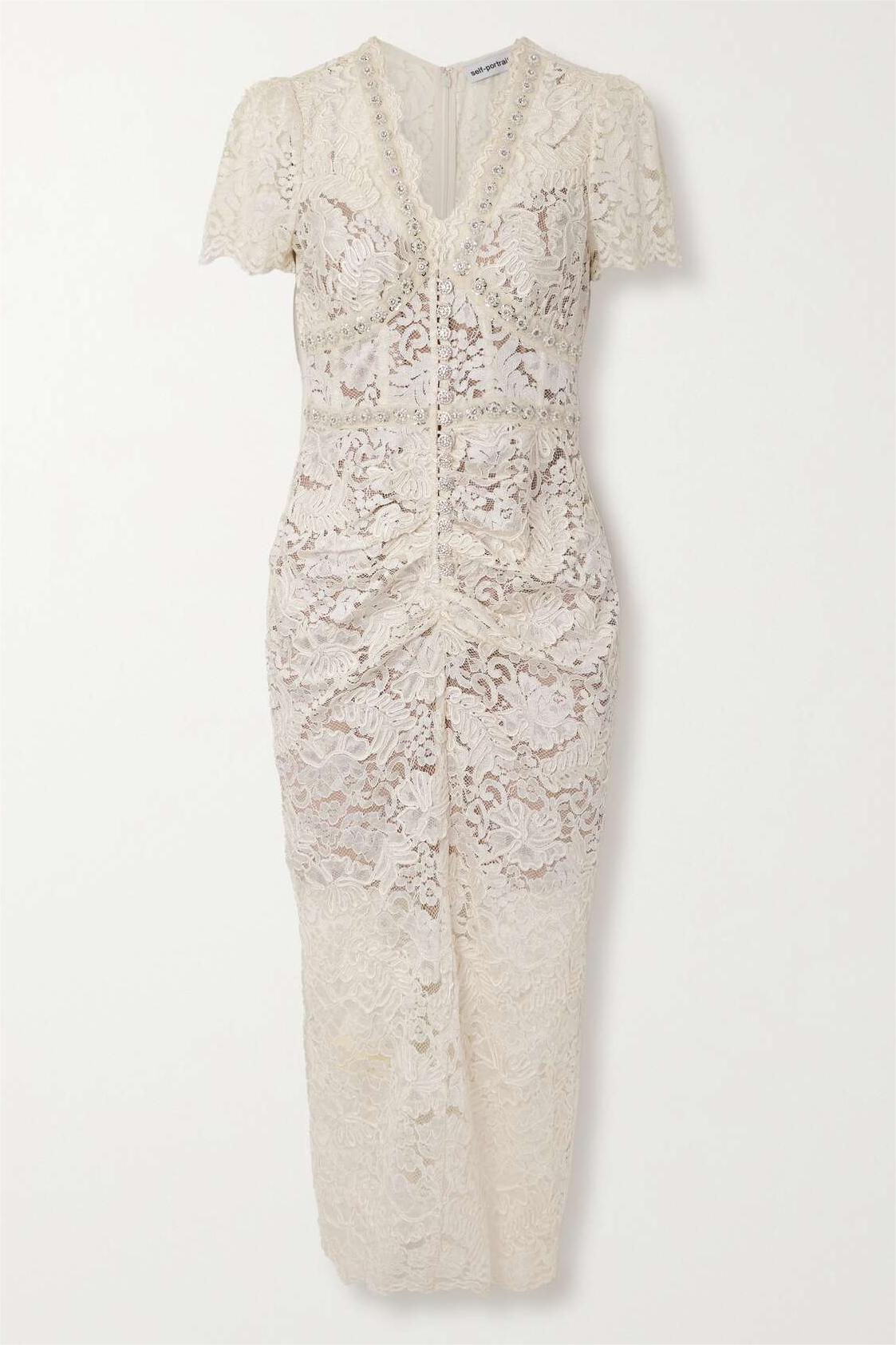 Vestido midi fruncido con encaje y diamantes de imitación 