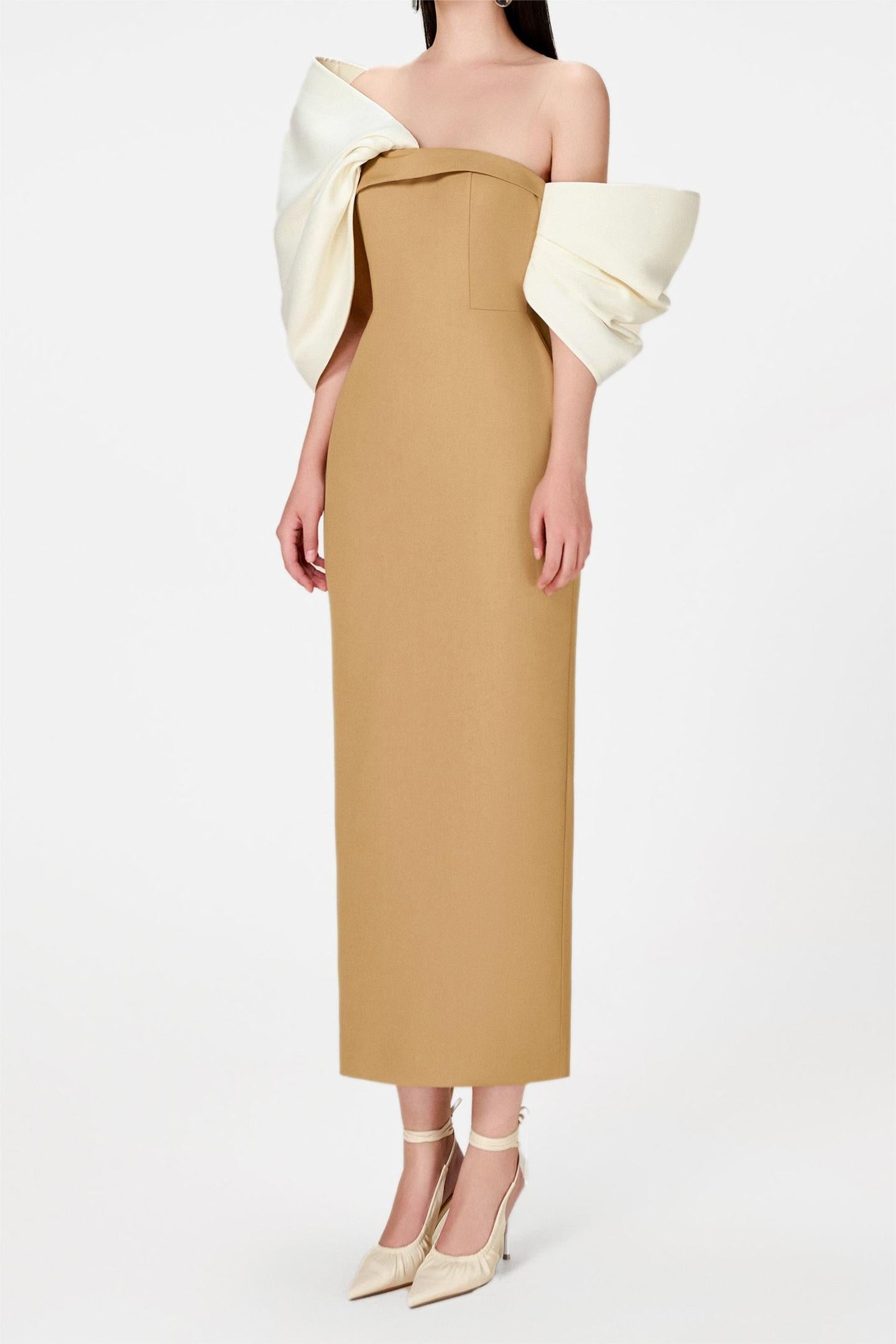 Vestido midi asimétrico con hombros descubiertos y lazo 