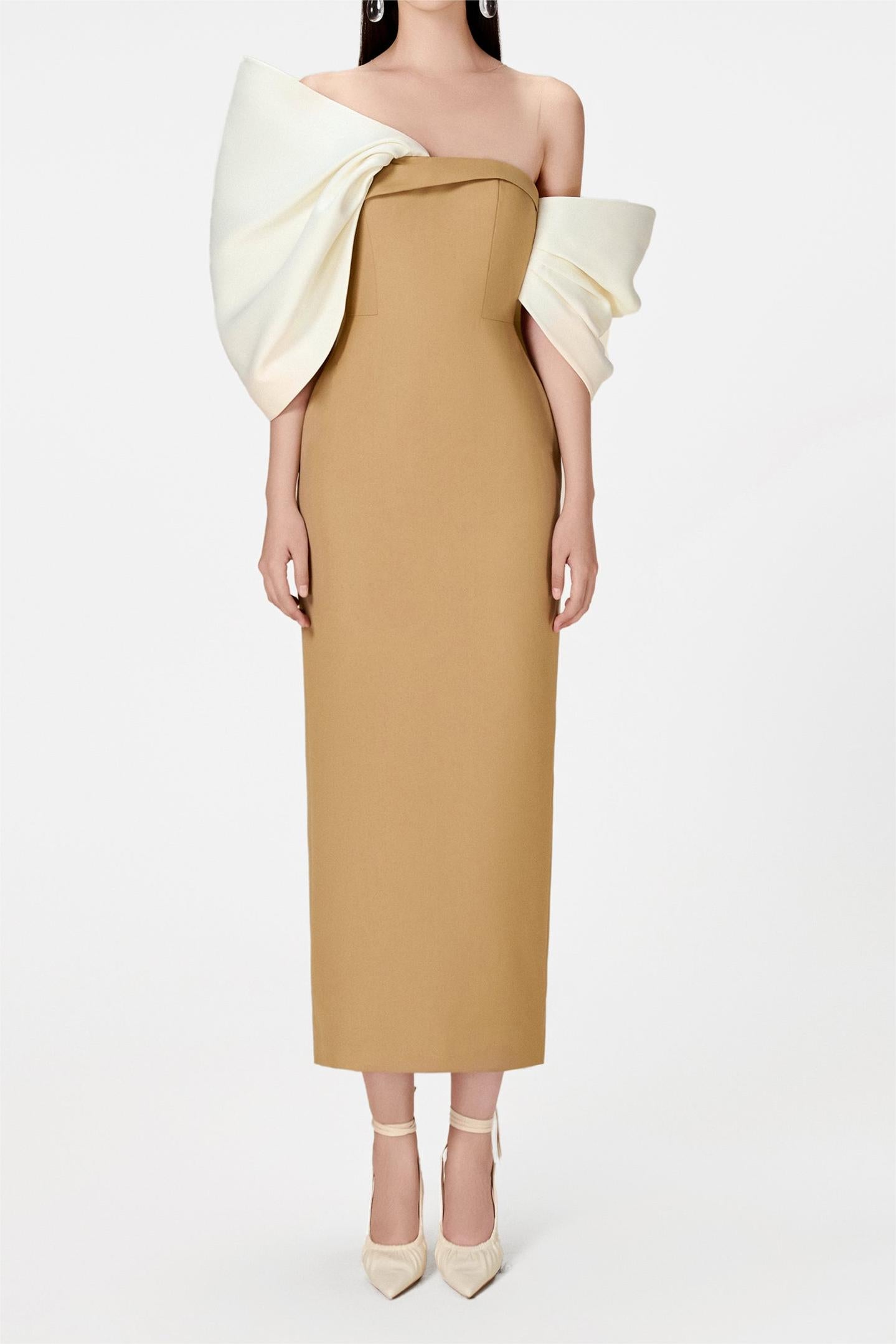 Vestido midi asimétrico con hombros descubiertos y lazo 