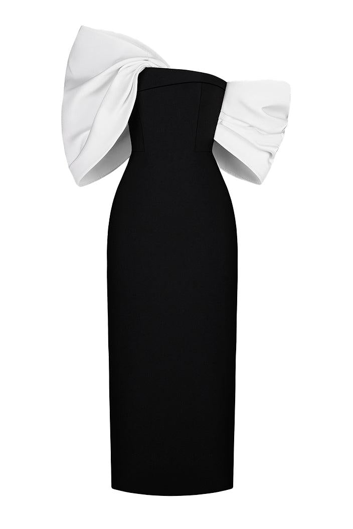 Vestido midi asimétrico con hombros descubiertos y lazo 