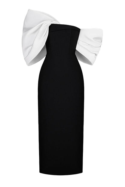 Vestido midi asimétrico con hombros descubiertos y lazo 