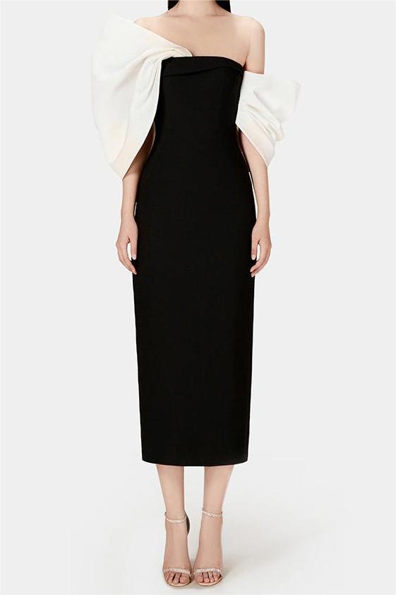 Vestido midi asimétrico con hombros descubiertos y lazo 
